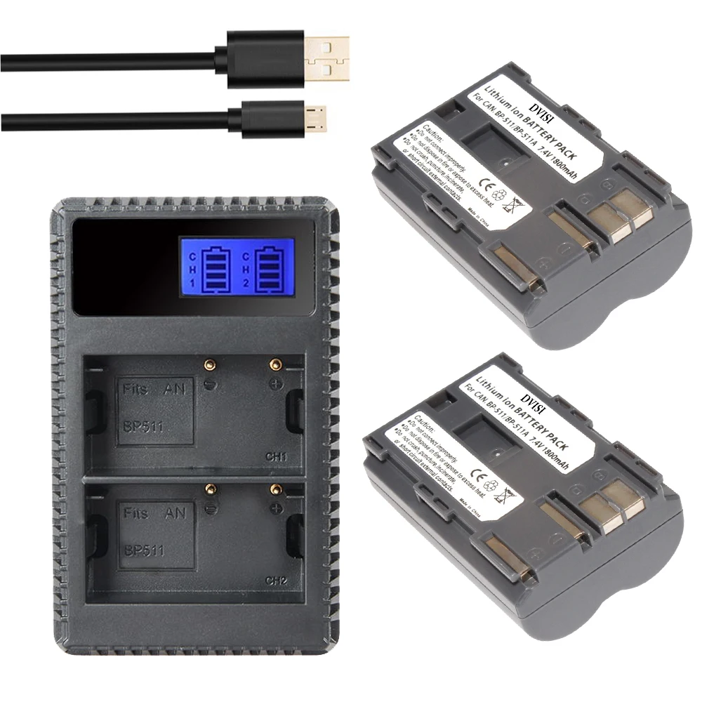 

2x 7.4v 1800mAh BP-511A BP-511 BP 511 511A BP511 BP511A Battery + LCD USB Charger for Canon EOS 40D 300D 5D 20D 30D 50D camera