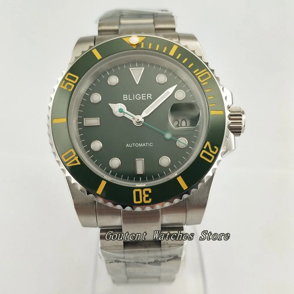  40mm Bliger SS. Case Green Dial Luminous Automatic Movement Bracelet Men's Watch