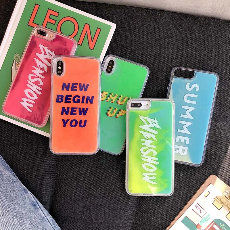 

Luminous Neon Sand Case for xs max xr x 6 6s 7 8 Plus 7plus Glow In Dark Liquid Glitter Quicksand Summer Letter Case