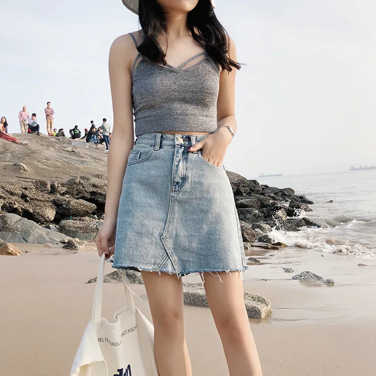 Корейский стиль для женщин джинсовая юбка высокая талия уличная весна женская летняя сексуальная Jupe трапециевидная мини однотонная черная джинсовая юбка - Цвет: Light Blue