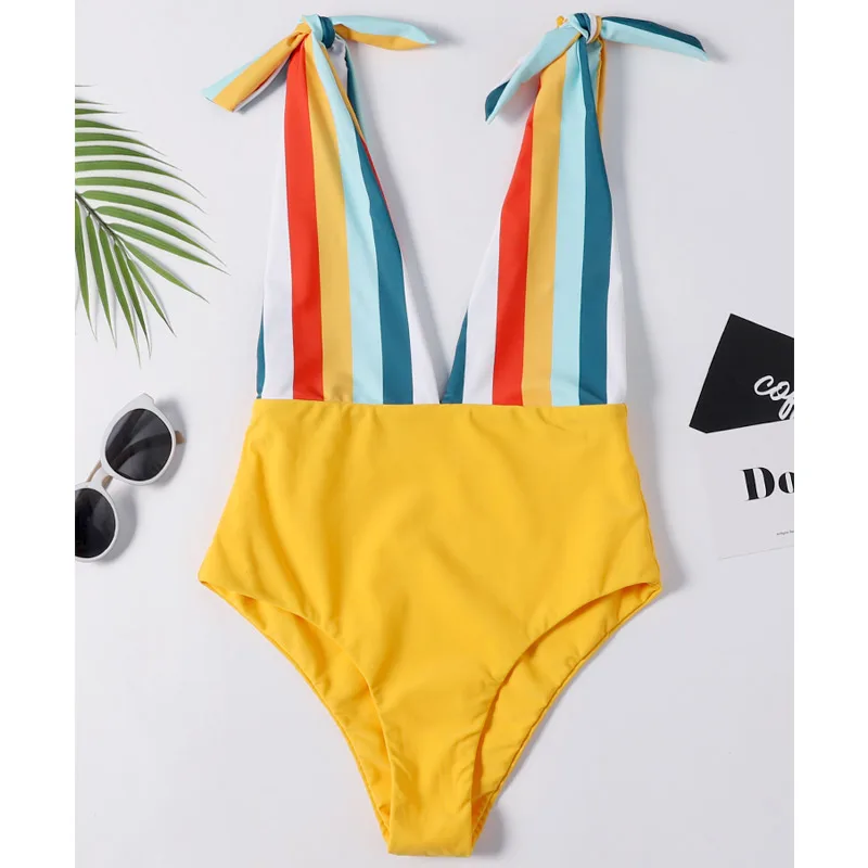 

Women Striped Printed One-Piece Swimsuit Women Backless Monokini 2019 Boho Beach Bathing Suits Shoulder Knot Female Bodysuit