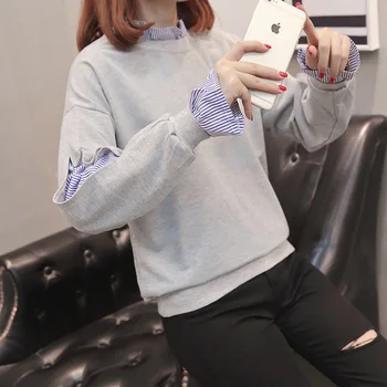 

2019 women's spring casual women's spring large size casual women's autumn and winter new fake two-piece striped shirt stitching