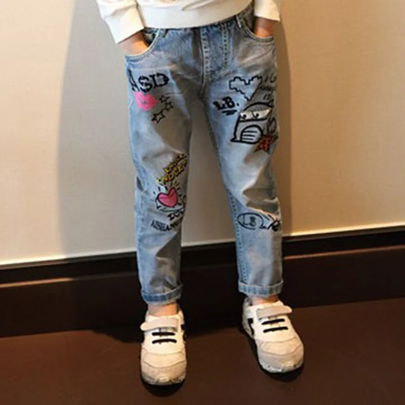 Girls Autumn Winter Scrawl Denim Pants Kids Korean Design Trousers Kids Jeans Jeans For Girls
