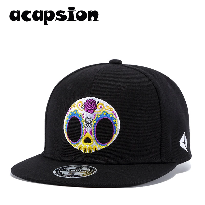 

Acapsion Hiphop Men Women Baseball Caps Funny Skull Head Embroidery Flat Sun Visor Baseball Cap Snapback Hat Gorra Casquette
