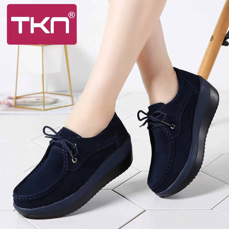 

TKN 2019 Spring Women Sneakers Thick Soled High Platform Shoes Leather Suede Ladies Casual Shoes Lace Up Flats Creepers 3235