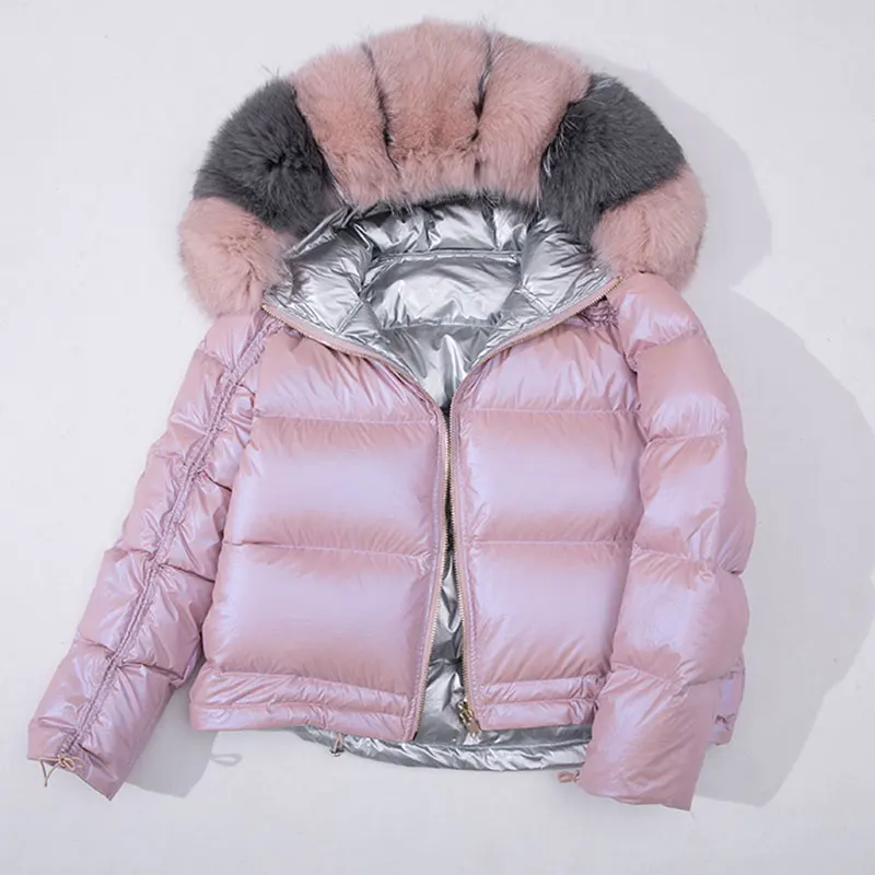 Winter Coat Wome White Duck Down Coat real fur coat natural fox fur collar Loose Hooded Short Coat Warm Down jacket student - Цвет: Pink