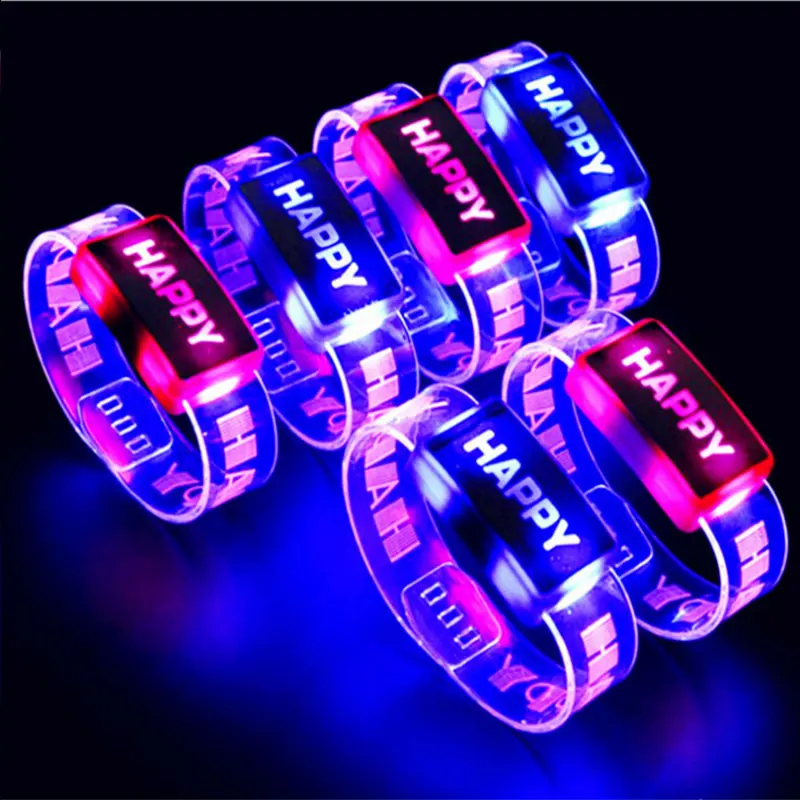 

LED Luminous Flash Bracelet Strap Unisex Trendy Happy Letter Flexible Wristband Wrist Band Cuff Bracelet Bangle For Adult Kids
