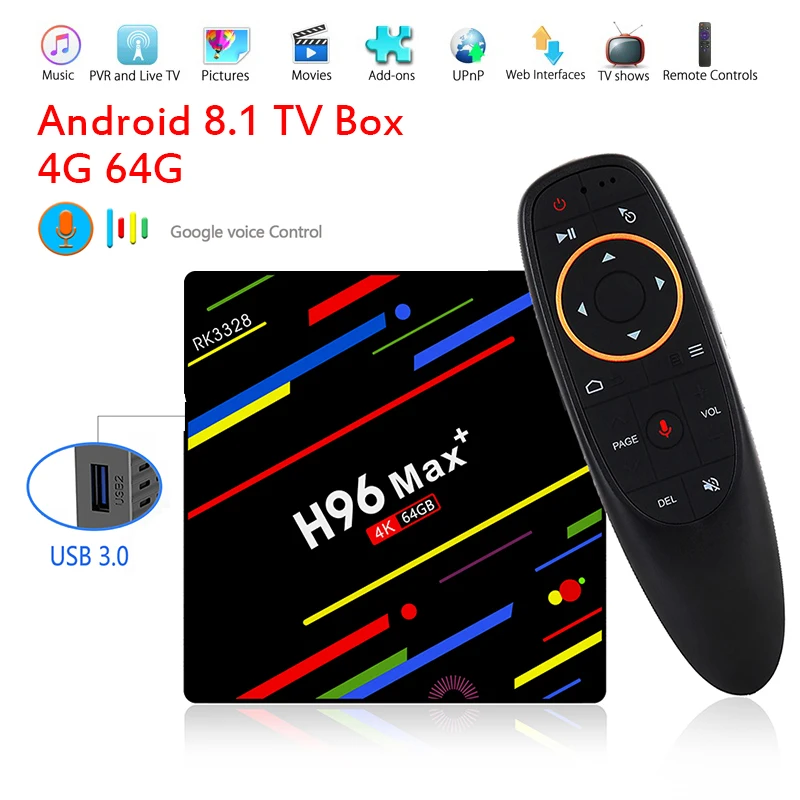 

H96 MAX plus Android 8.1 TV Box WiFi 2.4G Smart Voice Control 4G 32G 4G 64G RK3328 Quad Core 4K HD TV Box IPTV Subscription M3U