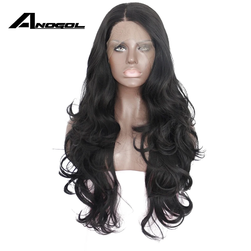 

Anogol High Temperature Fiber Brazilian Hair Peruca Cabelo Deep Wigs Black Long Body Wave Synthetic Lace Front Wig For Women