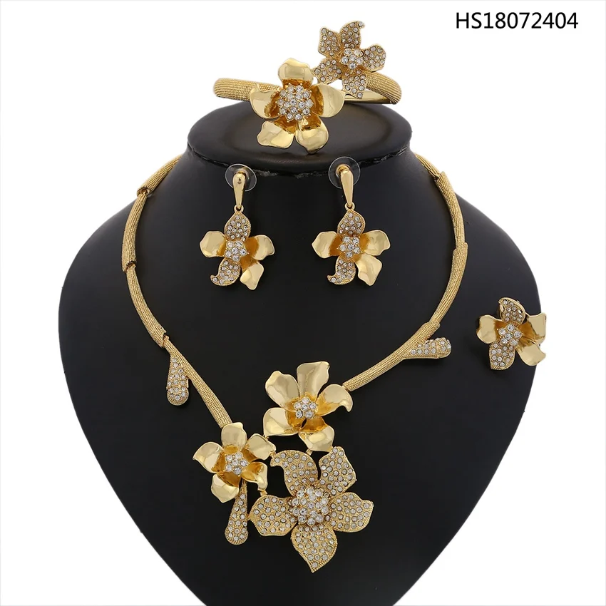 YULAILI Dubai Gold Color African Beads Jewelry Set for Women Wedding Bridal Imitation Rhinestone Flower Jewellery Accessories YULAILI Dubai Gold Color African Beads Jewelry Set for Women Wedding Bridal Imitation Rhinestone Flower Jewellery Accessories
