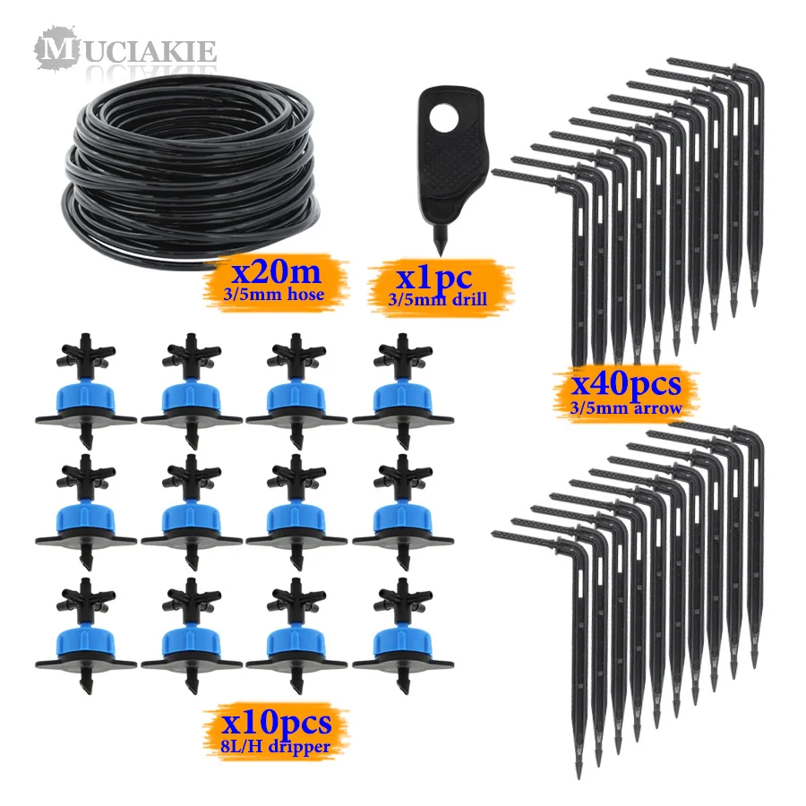 

MUCIAKIE 20M 3/5mm Micro Drip Irrigation System with Black Elbow Drippers Save Water with Compensating Emitters Economic Kits