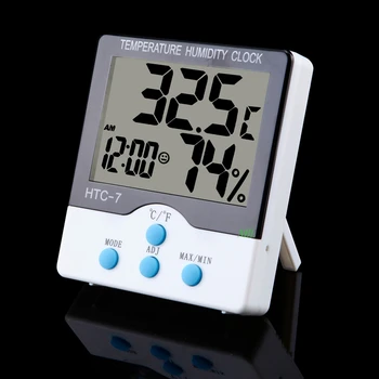 

Digital Indoor Temperature Humidity Clock Big LCD Electronic Thermometer Hydrometer Meter And Stand HTC-7 Daily Alarm C/F Switch