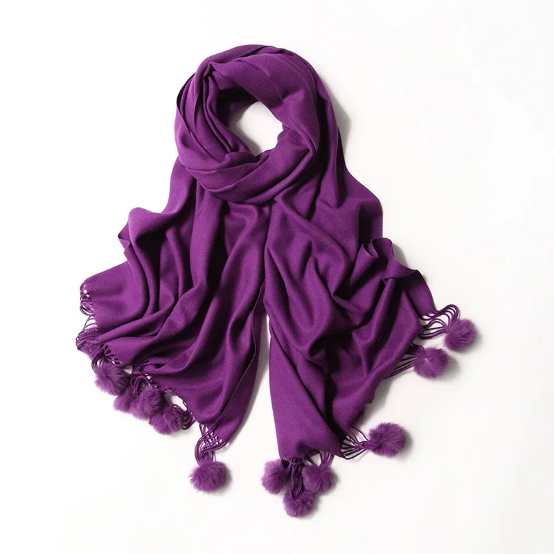 Новинка, роскошный брендовый зимний шарф, модное толстое теплое одеяло, женский шарф, Кашемировый Шарф, Шаль из пашмины с меховыми шариками - Цвет: Фиолетовый