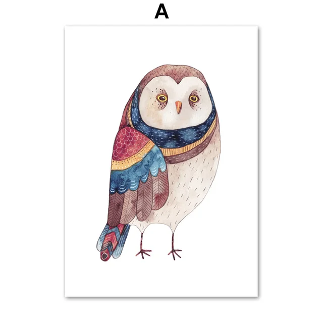 Watercolor Funny Owl Bird Wall Art Canvas Painting Nordic Posters And