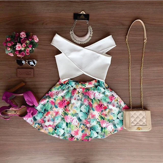 Комплект из 2 предметов, сексуальный женский летний цветочный без рукавов, повседневный вечерний белый топ с v-образным вырезом, короткая рубашка и цветная мини-юбка с цветком