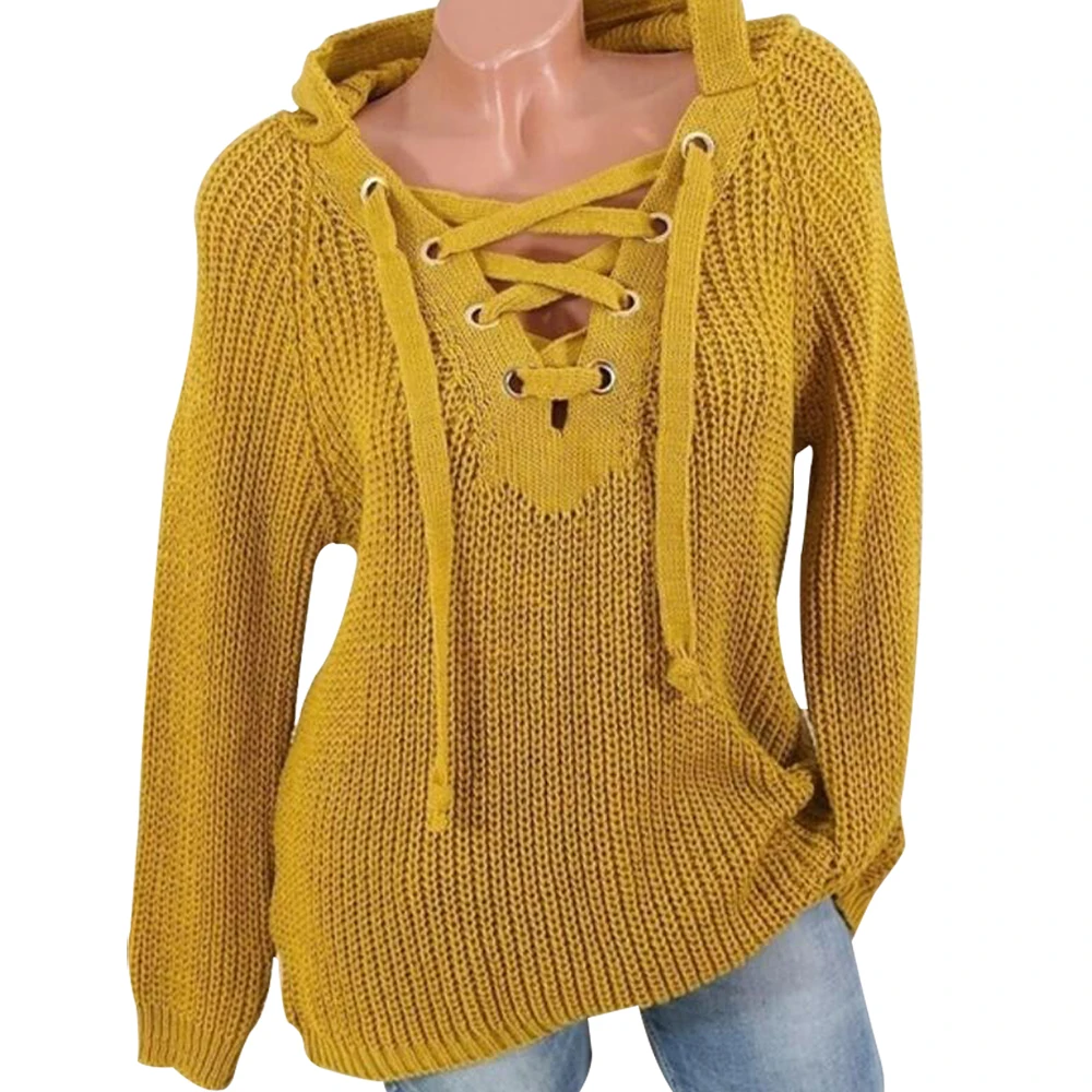 Laamei Женский вязаный свитер с v-образным вырезом на шнуровке, вязаный свитер с перекрестными завязками, пуловер свободного покроя, длинный трикотажный джемпер, топ, женский свитер - Цвет: yellow