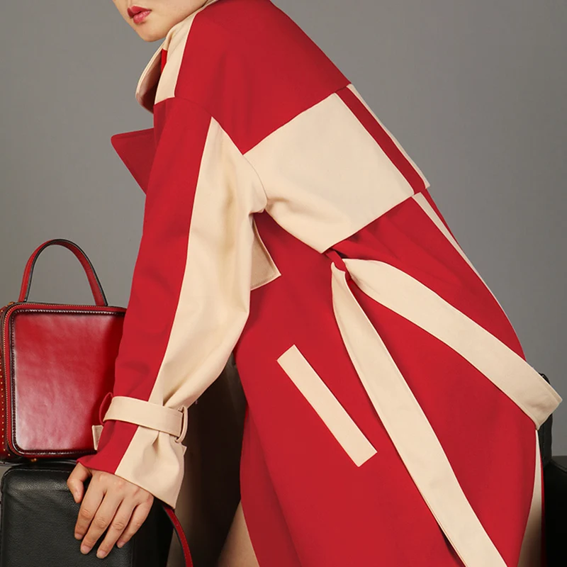 Longues Automne Femelle Lacent Twotwinstyle Décontractés Couleur Hit Nouveau Red Femmes Vêtements Coupe vent 2018 Manteau À Mode Manches Des Coat Patchwork Tranchée LzVjpGqSMU