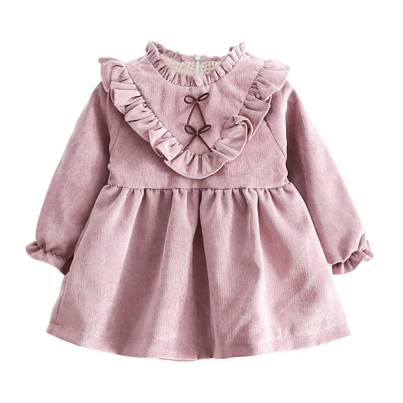 Весенне-осеннее теплое платье для маленьких девочек однотонное платье с v-образным вырезом и длинными рукавами в Корейском стиле детское платье для девочек