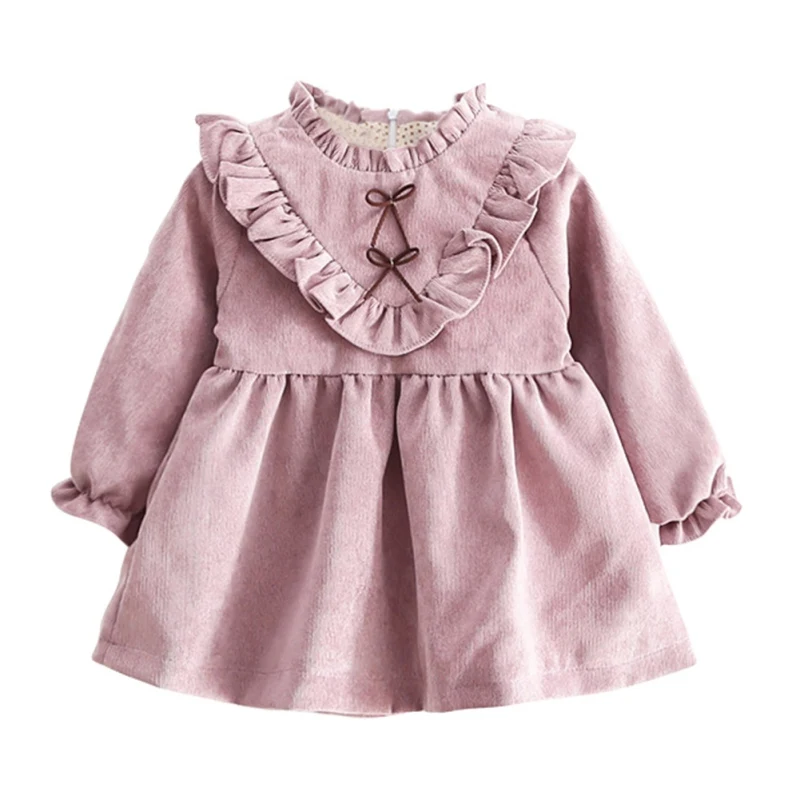 Spring Autumn Baby Girls Warm Dress Long Sleeve Korean Version Solid Color V shaped Fungus Dress