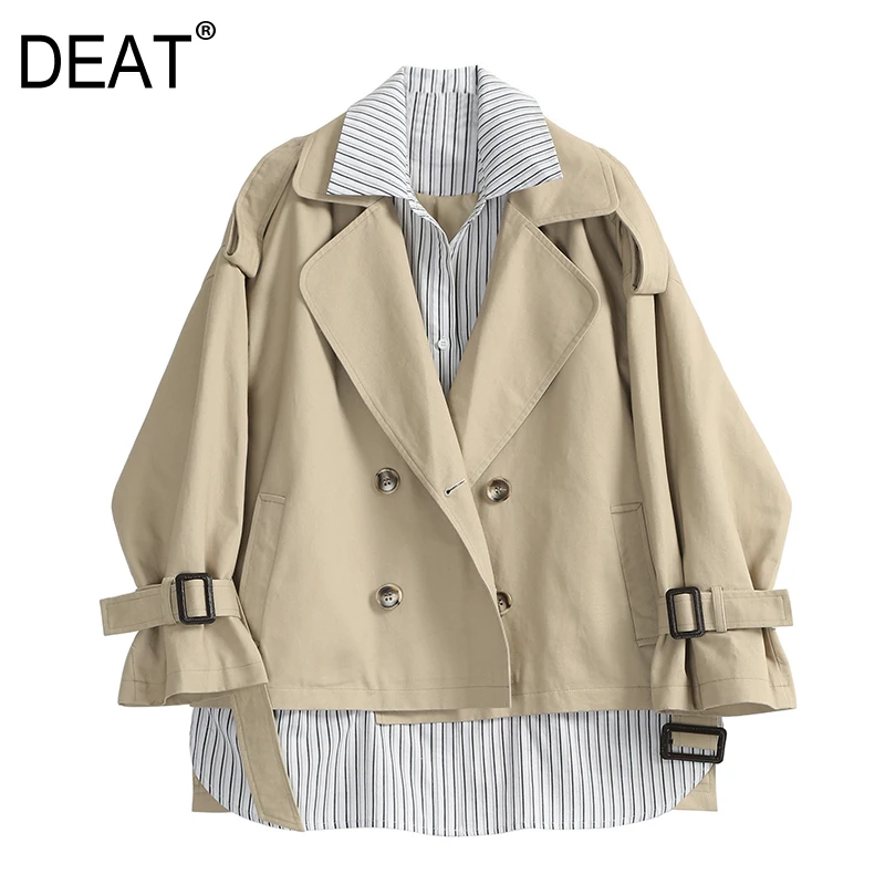 

DEAT 2019 New Spring Summer Lapel Long Sleeve Black Khaki Striped Split Joint Big Size Jacket Women Coat Fashion Tide JS248