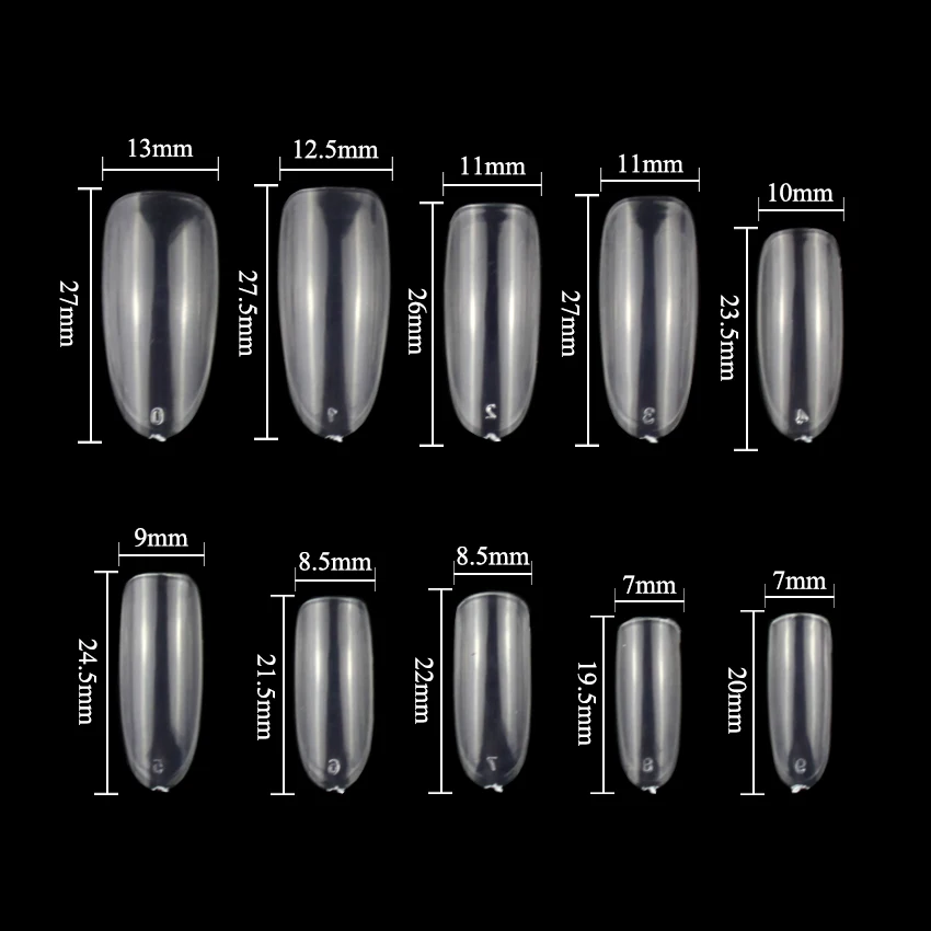 Tignish 500Pcs/Pack Full False Nail Tips Oval 10 Sizes Clear White