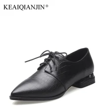 KEAIQIANJIN Woman Sheepskin Flats Black Red Silvery Plus Size 33 – 41 Spring Autumn Derby Shoes Lace Up Genuine Leather Shoes
