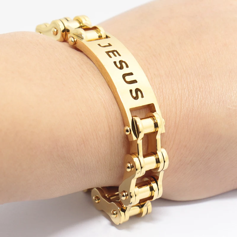 

Men Link Chain Bracelets Engraved Jesus Bracelet Stainless Steel Jewelry Christian Items Gold Color Bracelets