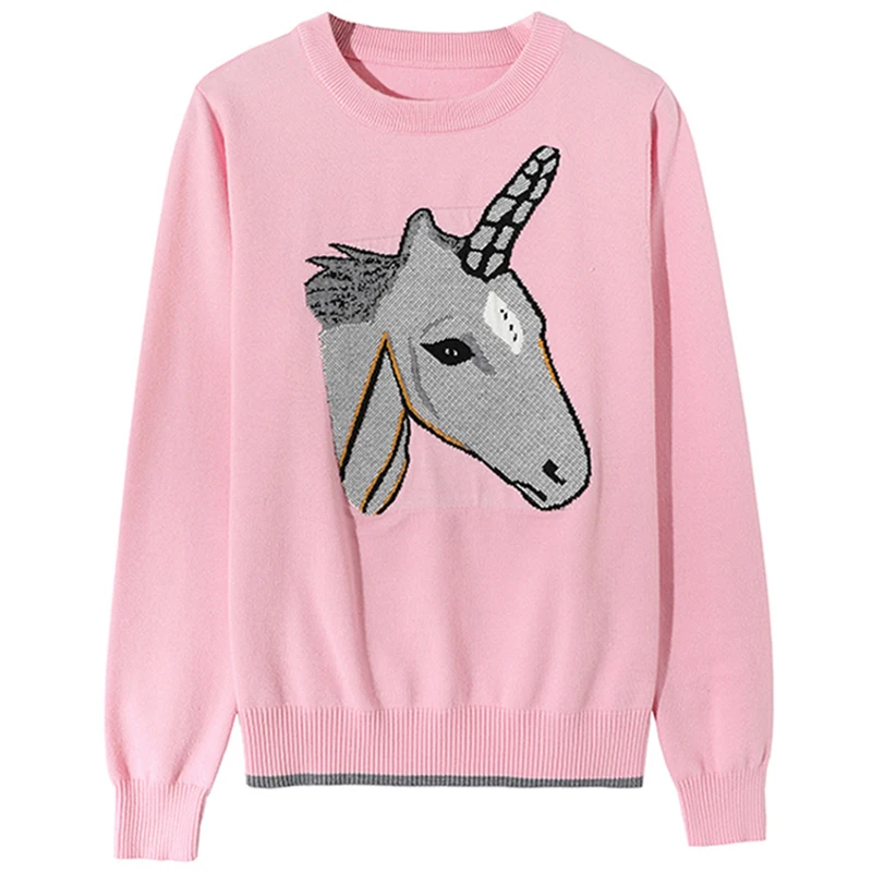 Fashion Women Unicorn Print Sweater Long Sleeve Jumpers Knitwear Autumn Winter Pink Pullovers High Quality Knitted Sweaters
