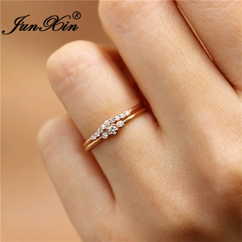 

JUNXIN Female Minimalist Stacking Thin Ring Set Rose Gold Color Delicate Dainty Small White Crystal Stone Wedding Ring For Women