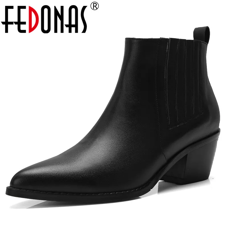 

FEDONAS Brand Women Genuine Leather Ankle Boots Thick Heels Pointed Toe Night Club Party Shoes Woman Basic Boots Office Pumps