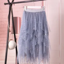 Повседневная модная женская летняя плиссированная юбка с высокой талией, блестящая женская фатиновая юбка средней длины с геометрическим блеском, удлиненная юбка 50