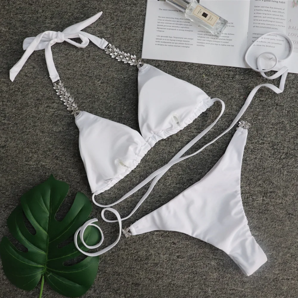 Billige Diamant bikini weiß strass bikini Braizilian bademode weibliche strappy badeanzug frauen Kristall bikini set Push up badeanzug