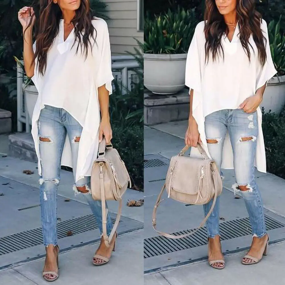 Hot 2019 Women Blouses Summer Elegant Irregular V-Neck Chiffon soft Tunic Casual Solid breathable Half batwing sleeve Top Shirts