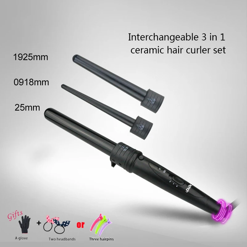 3 In 1 Hair Curlers Care Styling Curling Wand Interchangeable 3 Parts