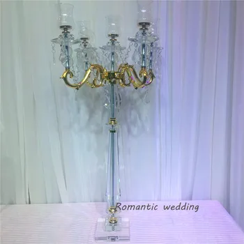 

1pcs/lot Free shipment Flash Clear Glass Gold Metal Candlesticks crafts for Wedding party event home decoration