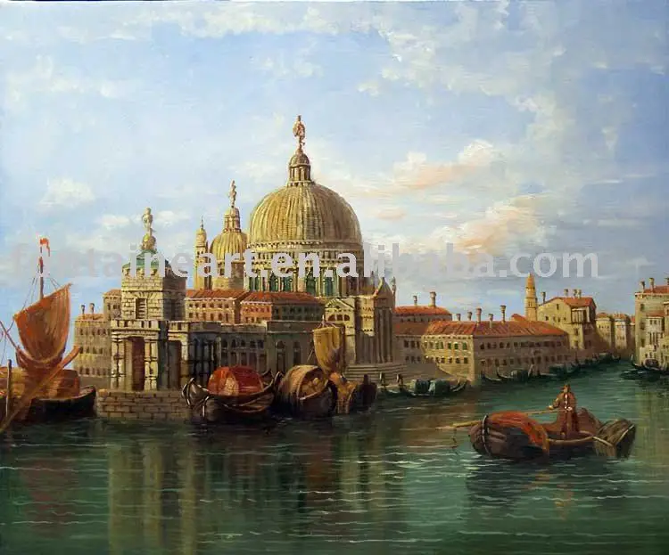 Handpainted 1800's Old Venice Italy Canal Boats Scene Oil