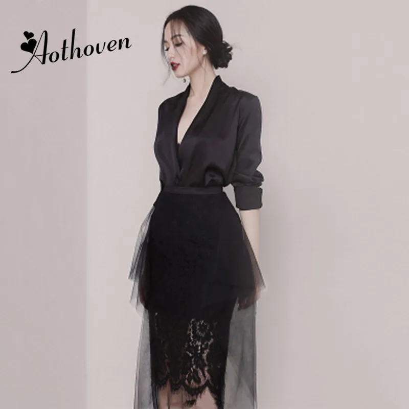 2 Piece Set Spring Women Black Full Sleeve V Neck Shirt Top and Mesh Patchwork Lace Midi Skirt Office Two Vestidos |
