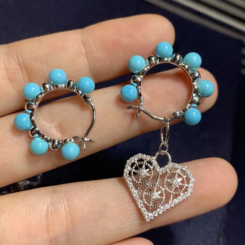 

Asymmetric Valentine Hollow Heart Earring Pure 925 Sterling Silver Blue Turquoise Stone Beads Stud Earring Women Wedding Jewelry