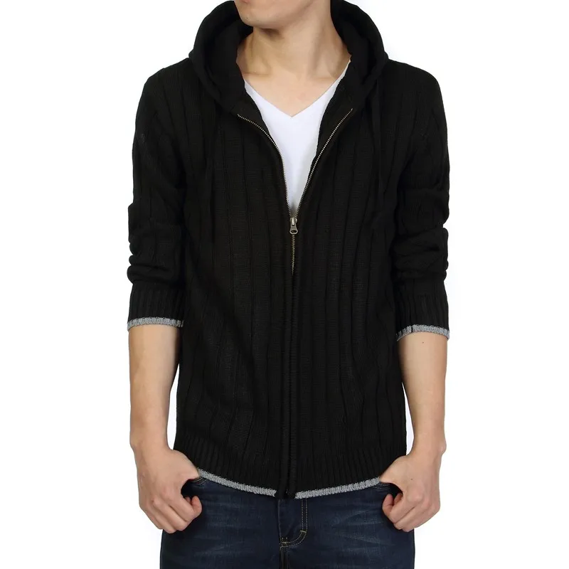 Для мужчин гораздо теплый свитер зима черный серый Кардиган Полосатые свитера с капюшоном высокого качества утепленная куртка Большие