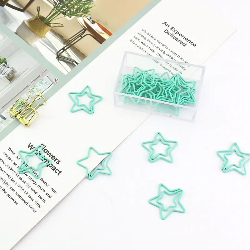 15pcs/box Green Star Shape Plastic Coated Paper Clips Colored Bookmark Memo Clips Escolar Papelaria Gift Stationery