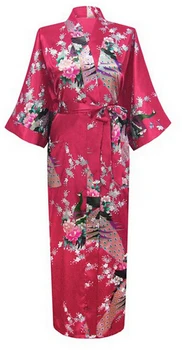

Burgundy Fashion Women's Peacock Long Kimono Bath Robe Nightgown Gown Yukata Bathrobe Sleepwear With Belt S M L XL XXL XXXL