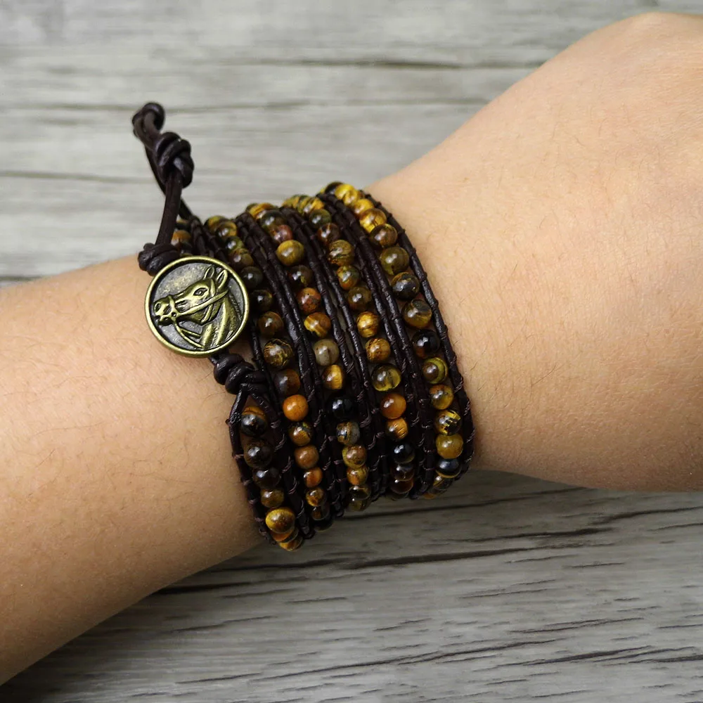 Boho 5 wrap браслет Цыганский кожаный браслет из Тигрового Глаза каменные бусины браслет из натурального камня Ювелирные изделия Йога обернуть ювелирные изделия