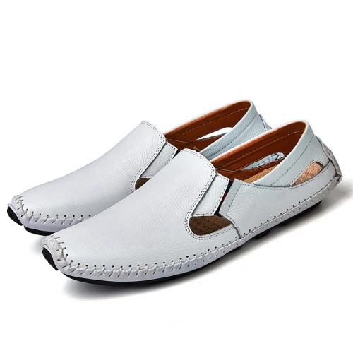 Повседневная модная мужская кожаная обувь для вождения; большие размеры 45, 46, 47; мужские легкие мягкие Лоферы без шнуровки - Цвет: White