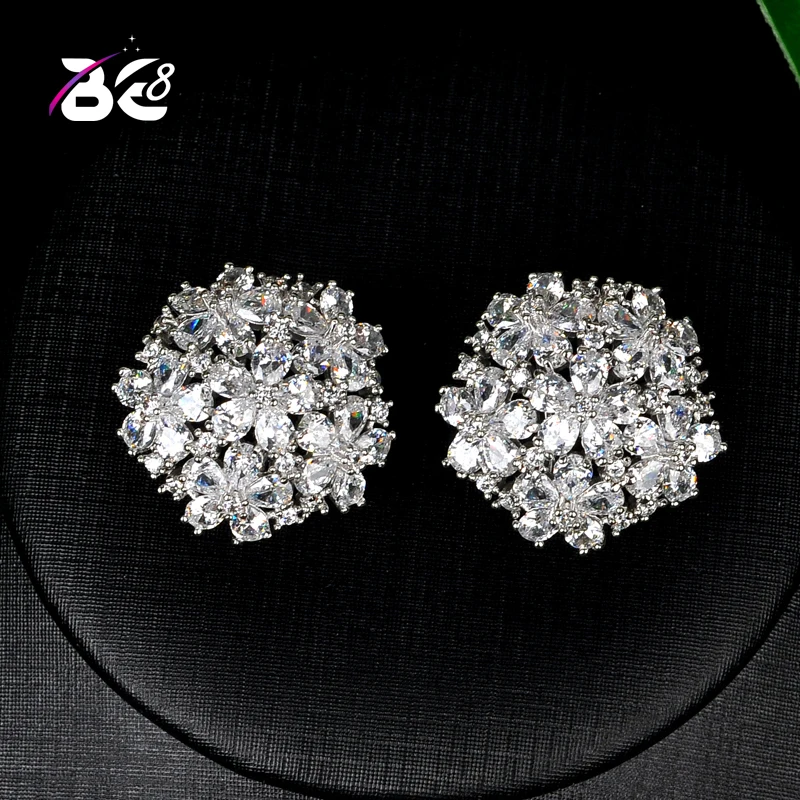 

Be 8 Beautiful Big Flower Women Stud Earrings Sparking Cubic Zirconia Pave White Color Earring Brincos for Party Gifts E720