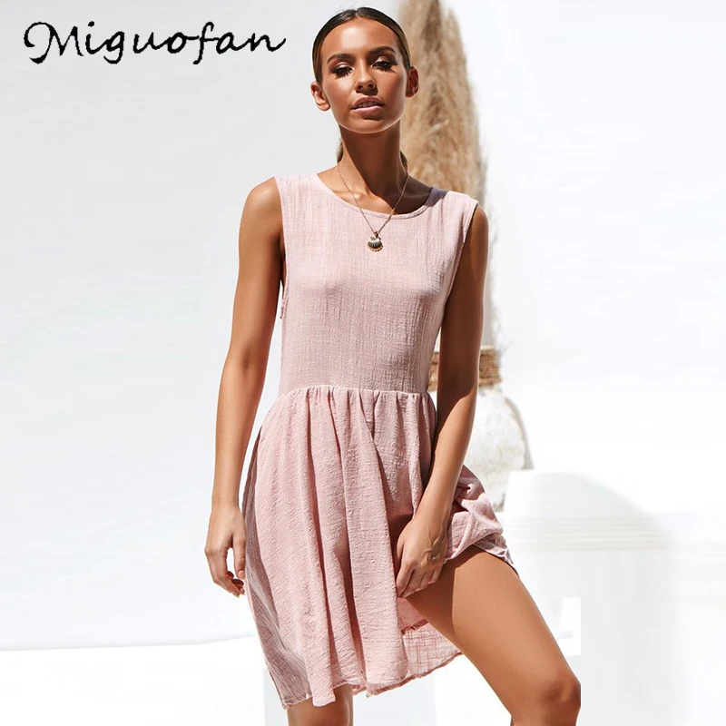 Женское платье с круглым вырезом Miguofan однотонное мини-платье из хлопка без