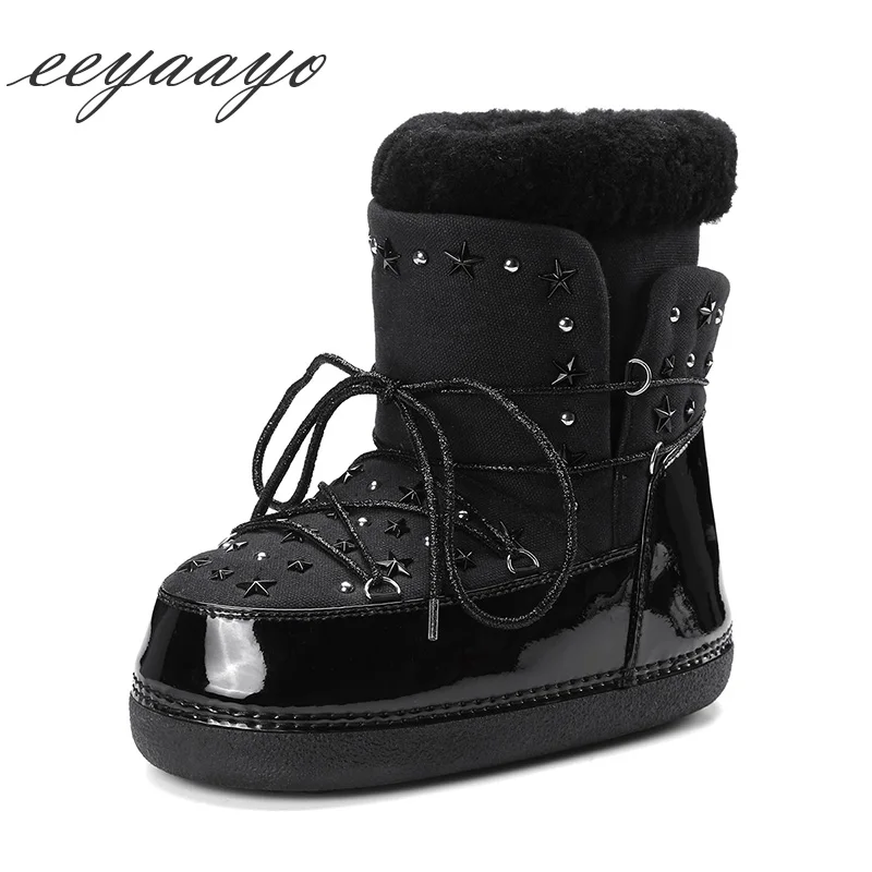 

2019 New Genuine Leather Winter Women Ankle Boots Flats Heel Real Fur Wool Lining Lace-Up Women Kid Suede Shoes Black Snow Boots