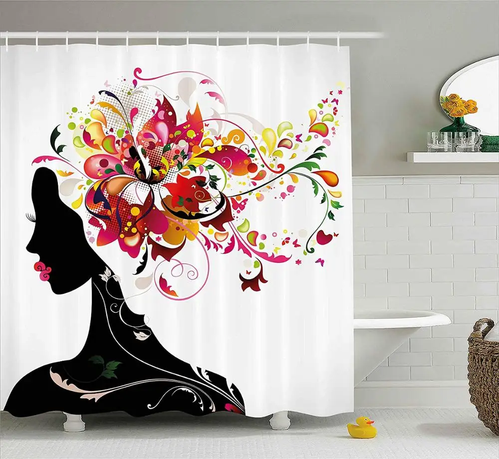 

Modern Futuristic Design with Nature Harmony Woman Image, Fabric Bathroom Decor Set with Hooks
