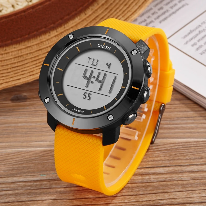 #cheap OHSEN Brand Digital Fashion Mens Wristwatches Yellow Rubber Strap 50m Waterproof Diving LED Alarm Male Watches relogio masculino