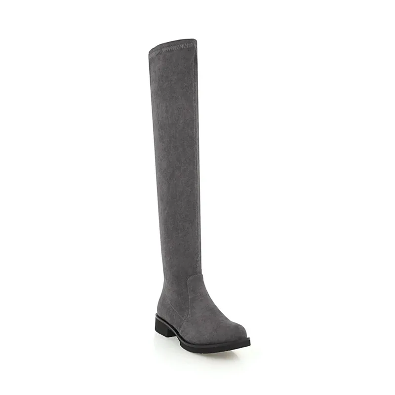 ASUMER/модные осенне-зимние сапоги черного цвета Сапоги выше колена с круглым носком женские ботфорты из флока на квадратном каблуке; большие размеры 33-46 - Цвет: Серый