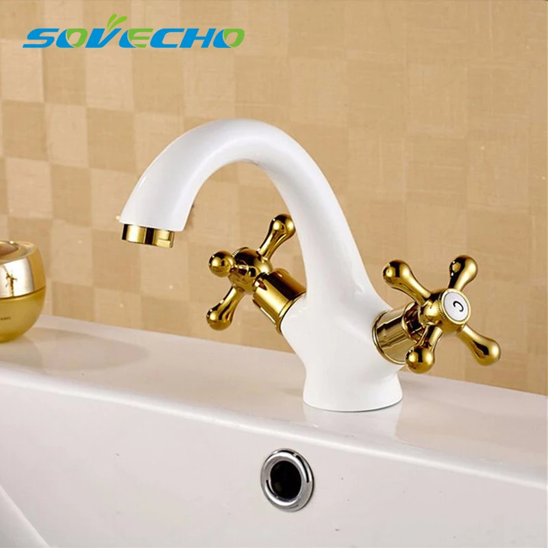 

SOVECHO White Bathroom faucet Dual Handle Vessel Sink Mixer Tap Hot and cold separation switch
